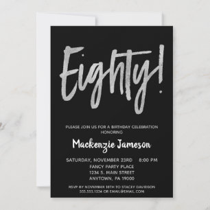 Black Silver Script 80th Birthday Party Invitation Kaart