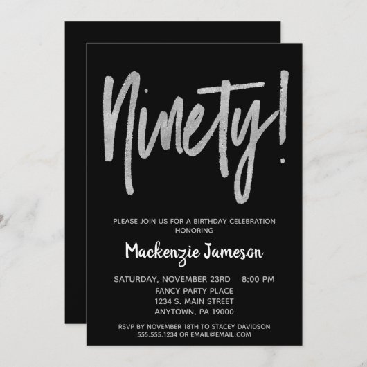 Black Silver Script 90th Birthday Party Invitation Kaart (Voorkant / Achterkant)