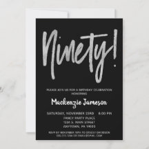 Black Silver Script 90th Birthday Party Invitation