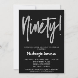 Black Silver Script 90th Birthday Party Invitation Kaart