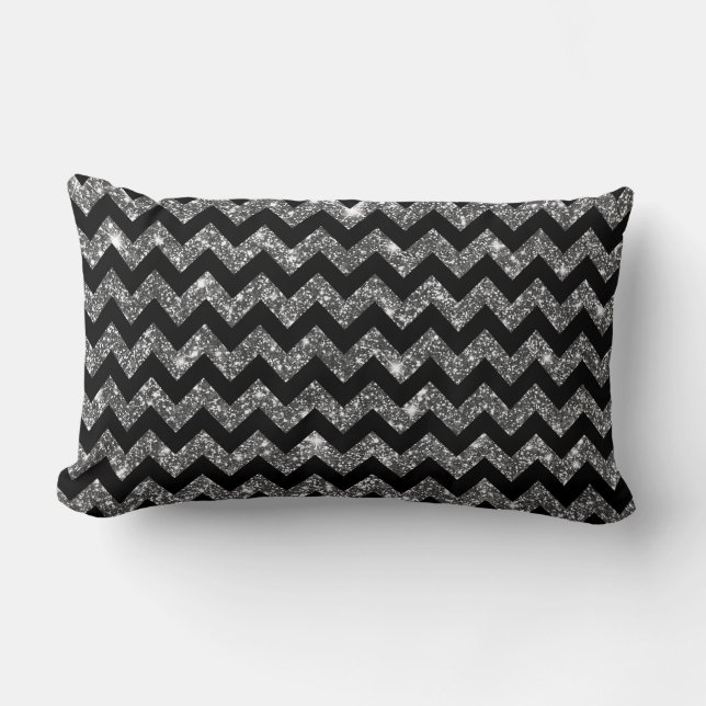 Black Silver Shining Faux Glitter Chevron Pattern Kussen (Voorkant)