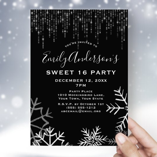 Black Silver Snow Ice Lights Winter Sweet 16 Kaart