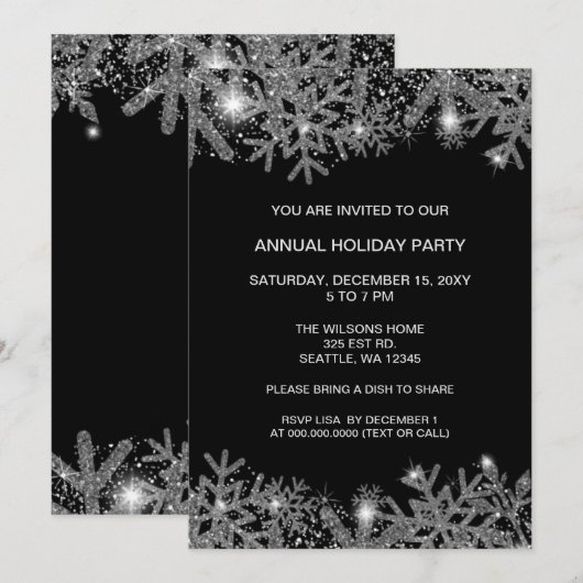 Black Silver Snowflakes Modern Holiday Party Kaart (Voorkant / Achterkant)