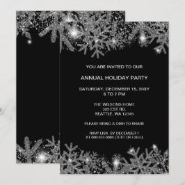 Black Silver Snowflakes Modern Holiday Party Kaart