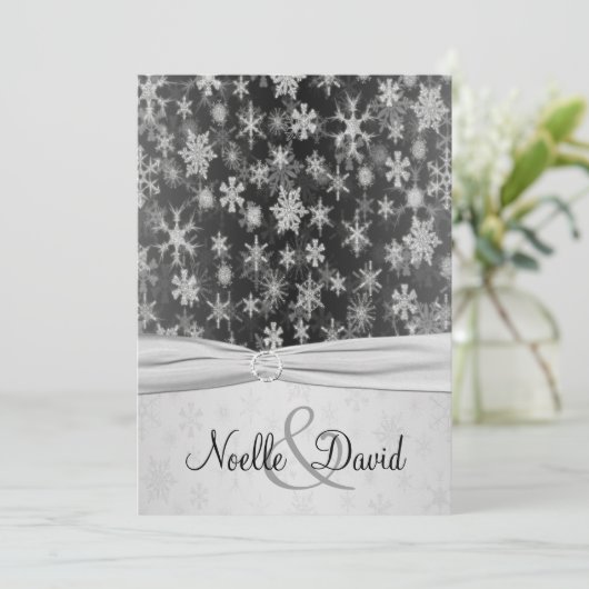 Black, Silver Snowflakes Wedding Invite Kaart (Staand voorkant)