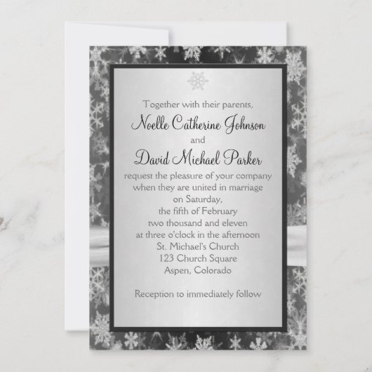 Black, Silver Snowflakes Wedding Invite Kaart (Achterkant)