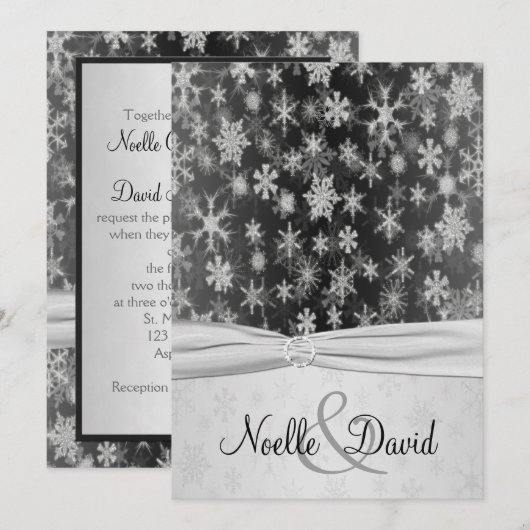 Black, Silver Snowflakes Wedding Invite Kaart (Voorkant / Achterkant)