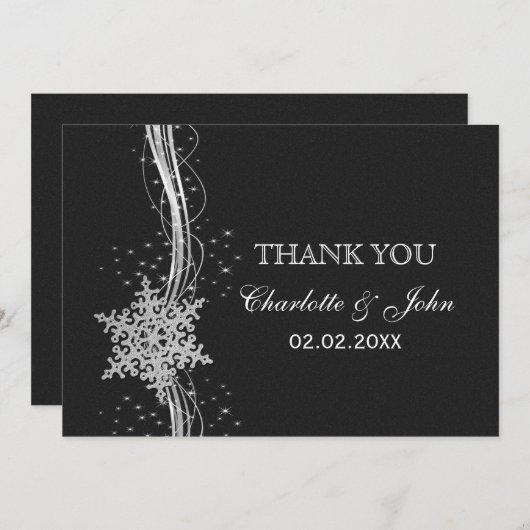 Black Silver Snowflakes Winter bruiloft Bedankt Kaart (Voorkant / Achterkant)