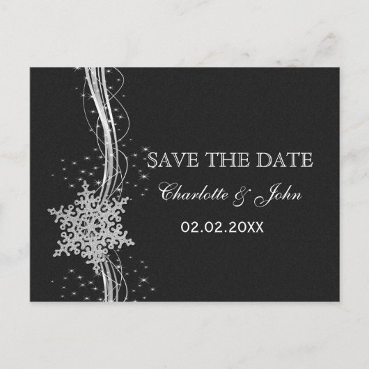 Black Silver Snowflakes Winter save the Date Aankondigingskaart (Voorkant)