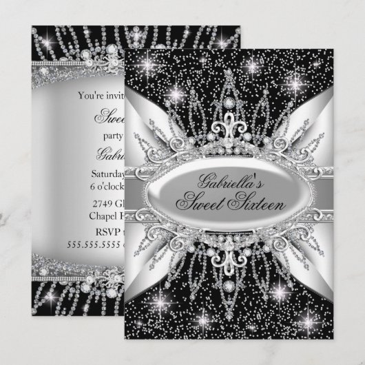 Black & Silver Sparkle Diamond Sweet 16 Invite Kaart (Voorkant / Achterkant)