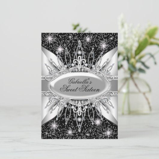 Black & Silver Sparkle Diamond Sweet 16 Invite Kaart (Staand voorkant)