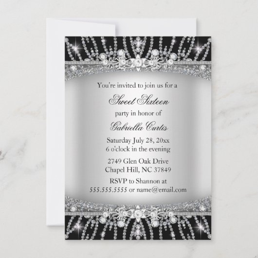 Black & Silver Sparkle Diamond Sweet 16 Invite Kaart (Achterkant)