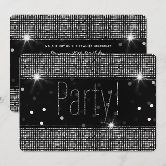 Black & Silver Sparkle Party Lights Verjaardag Kaart (Voorkant / Achterkant)