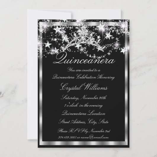 Black Silver Sparkle Tiara Stars Quinceanera Kaart (Voorkant)