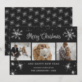 Black Silver Sparkly Snowflake Photo Collage Feestdagenkaart (Voorkant / Achterkant)