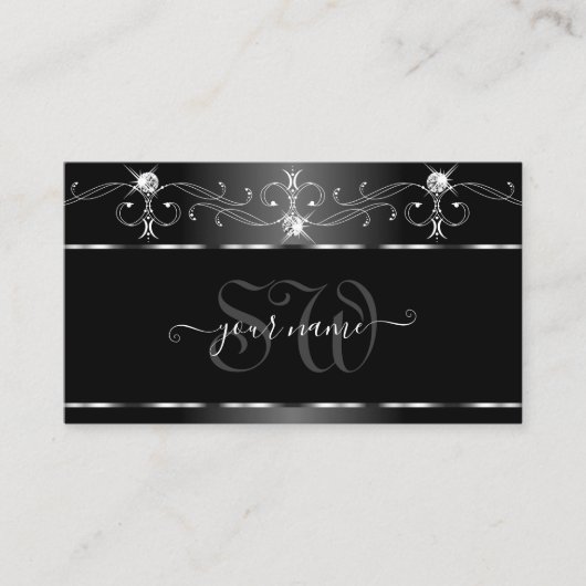 Black Silver Squiggles Sparking Diamonds Initialen Visitekaartje (Voorkant)
