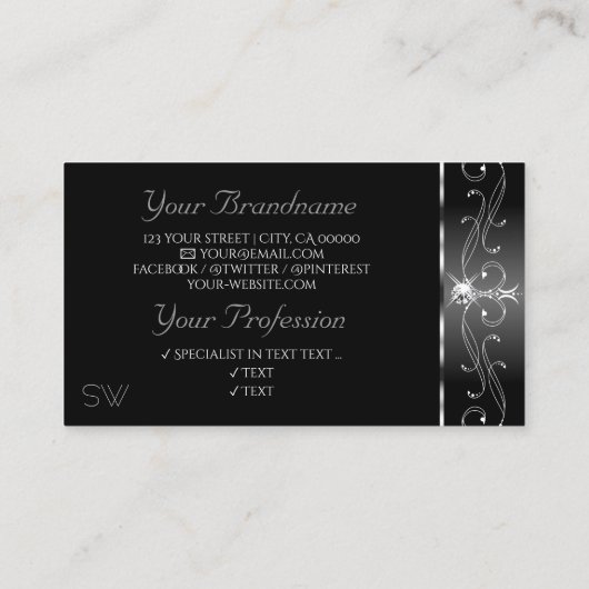 Black Silver Squiggles Sparking Diamonds Monogram Visitekaartje (Achterkant)