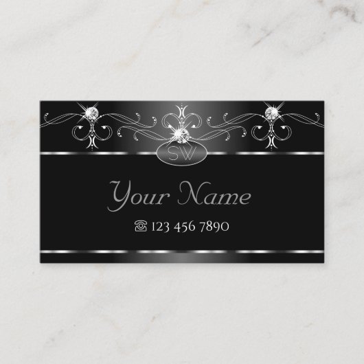 Black Silver Squiggles Sparking Diamonds Monogram Visitekaartje (Voorkant)