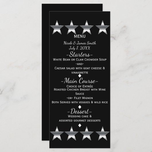 Black & Silver Stars Hollywood Glam Party Menu (Voorkant / Achterkant)