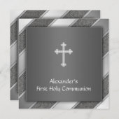 Black Silver Stripe Boy Eerste Communie Uitnodigin Kaart (Voorkant / Achterkant)