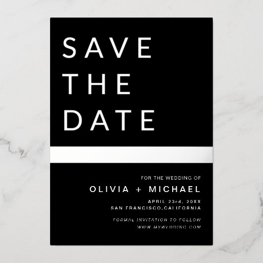Black Silver Stripe Save the Date Elegant Folie Uitnodiging (Voorkant)