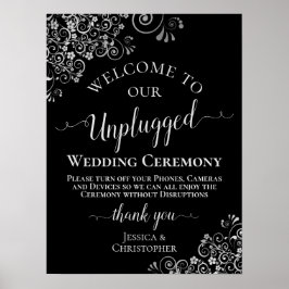 Black & Silver Stylish Unplugging Wedding Ceremono Poster