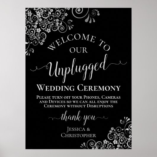 Black & Silver Stylish Unplugging Wedding Ceremono Poster (Voorkant)
