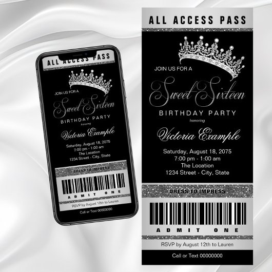 Black Silver Sweet 16 All Number Invitation Kaart