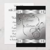 Black Silver Sweet Zestien Verjaardagsfeest Kaart (Voorkant / Achterkant)