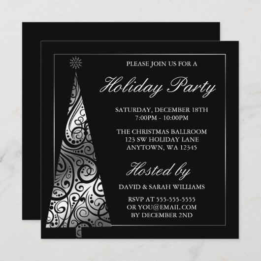 Black Silver Swirl-kerstboomfeest Kaart (Voorkant / Achterkant)