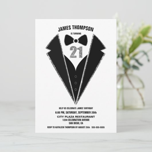 Black Silver Tuxedo 21st Birthday Party Kaart (Staand voorkant)