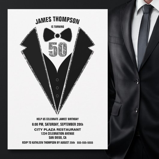 Black Silver Tuxedo 50th Birthday Party Kaart