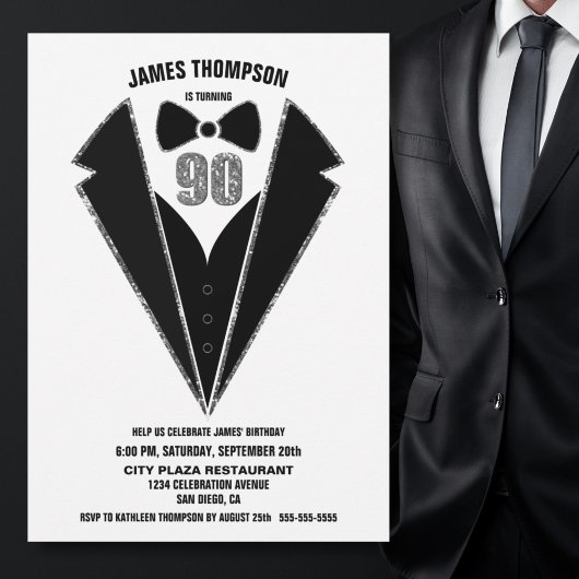 Black Silver Tuxedo 90th Birthday Party Kaart