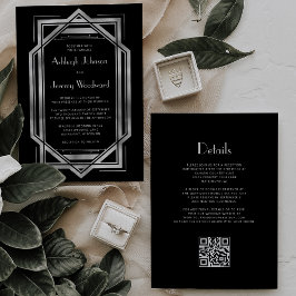 Black Silver Vintage 1920s Deco QR Code Wedding Kaart