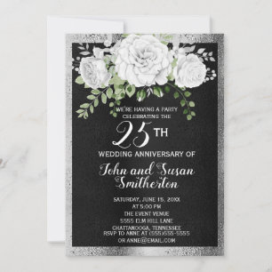 Black Silver White Floral 25th Wedding Jubileum Kaart