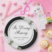 Black Silver White Floral Memorial Funeral Papieren Bordje (Feest)