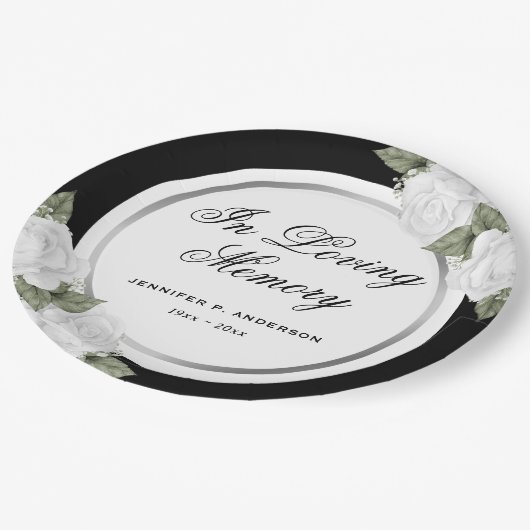 Black Silver White Floral Memorial Funeral Papieren Bordje (Gekanteld)