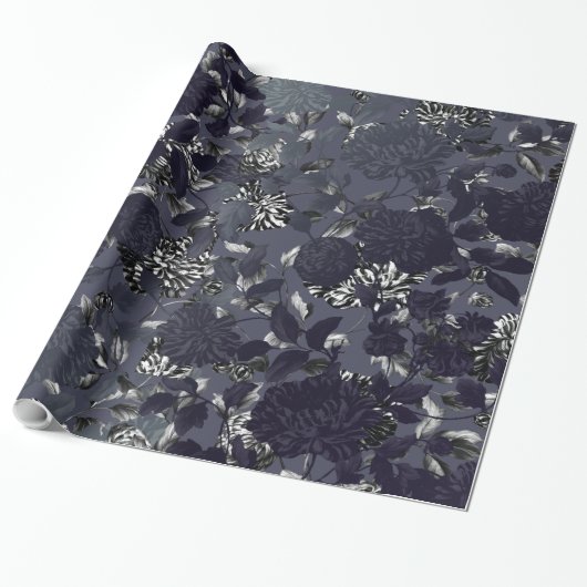 Black Silver White Modern  Floral Toile Cadeaupapier (Uitgerold)
