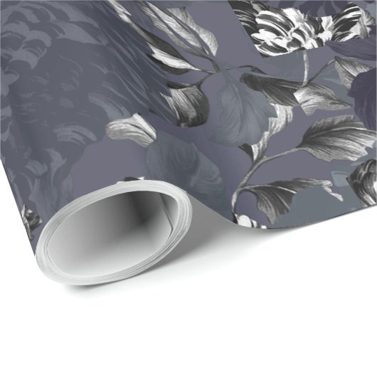 Black Silver White Modern  Floral Toile Cadeaupapier (Rol Hoek)