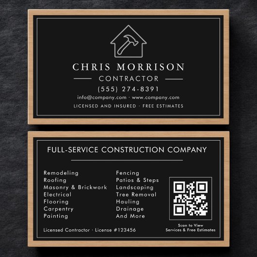 Black Silver Wood Construction Contractor QR Code Visitekaartje