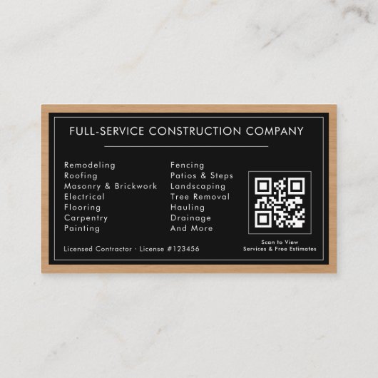 Black Silver Wood Construction Contractor QR Code Visitekaartje (Achterkant)