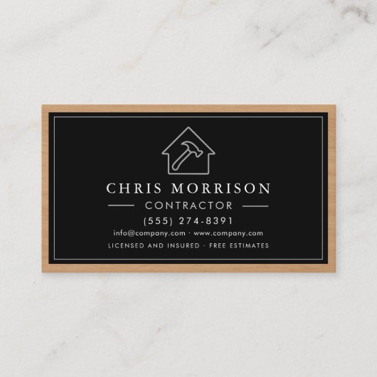 Black Silver Wood Construction Contractor QR Code Visitekaartje (Voorkant)