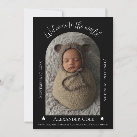 Black Simple Arch Lijst Foto geboorteaankondiging Aankondiging (Voorkant)
