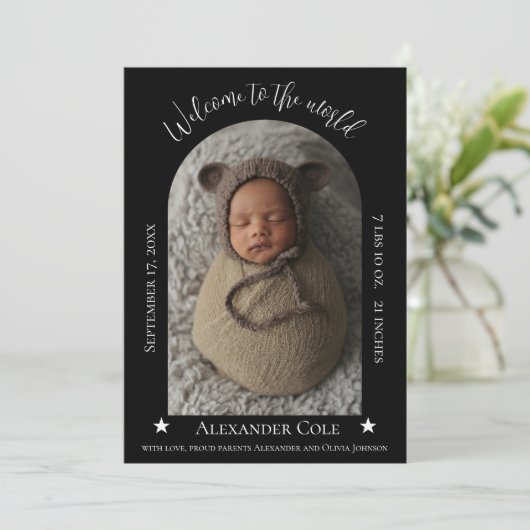 Black Simple Arch Lijst Foto geboorteaankondiging Aankondiging (Staand voorkant)