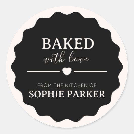 Black Simple Baked With Love Scallop Sticker (Voorkant)