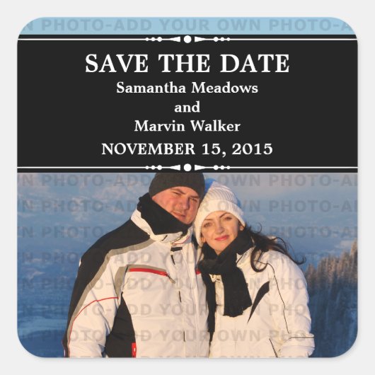 Black Simple Chic Photo Save the Date Stickers (Voorkant)