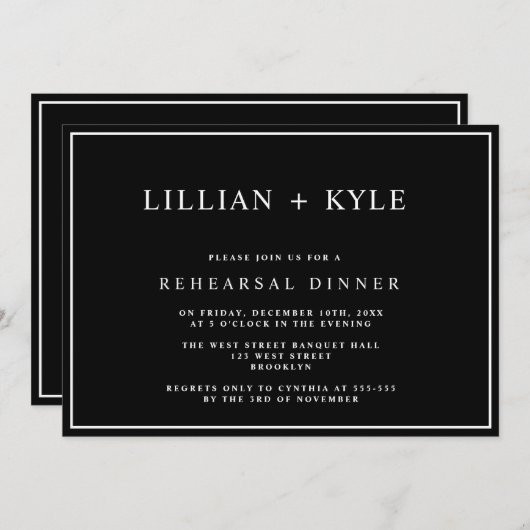 Black Simple Chic Rehearings Dinner Invitation Kaart (Voorkant / Achterkant)
