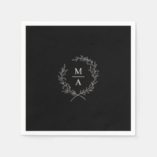 Black Simple Elegant Laurel Wreate Monogram Servet