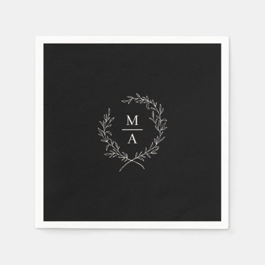 Black Simple Elegant Laurel Wreate Monogram Servet (Voorkant)