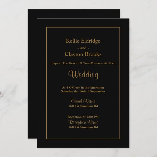 Black Simple Framed Wedding Invitation Kaart (Voorkant / Achterkant)